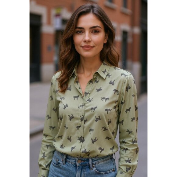 Faden Glory Womens L Shirt Green Zebra Print Button-Up Long Sleeve Blouse - Picture 1 of 11